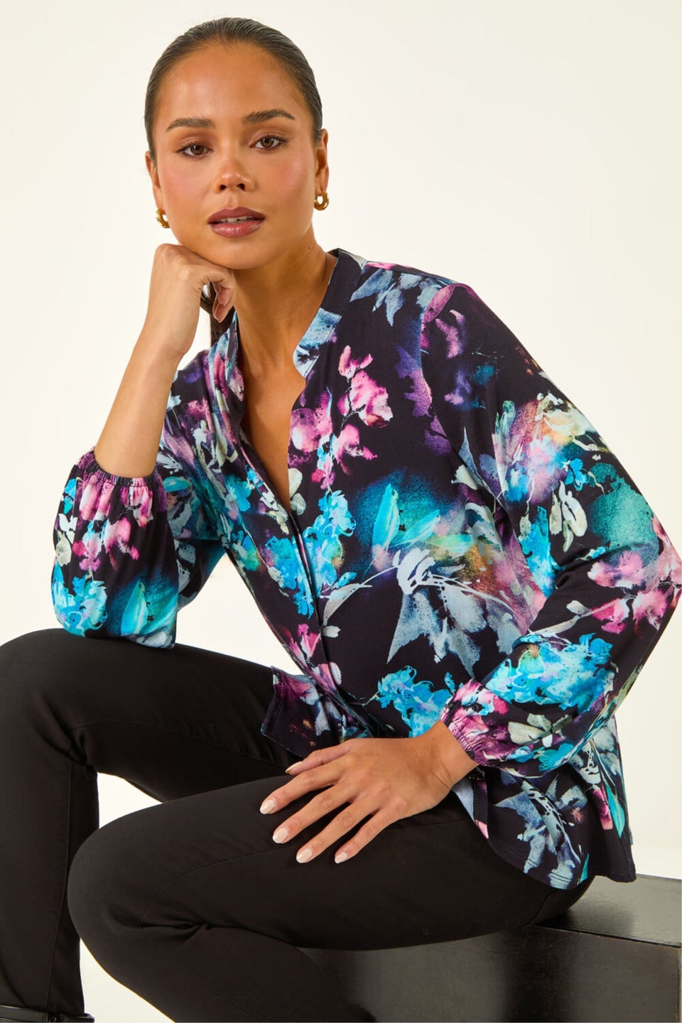 Roman Navy Petite Floral Buttoned Blouse