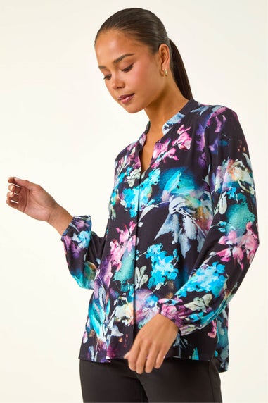 Roman Navy Petite Floral Buttoned Blouse