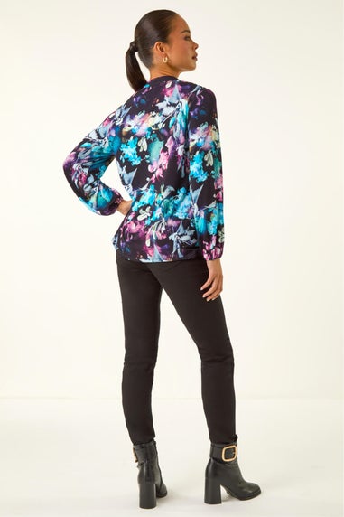 Roman Navy Petite Floral Buttoned Blouse