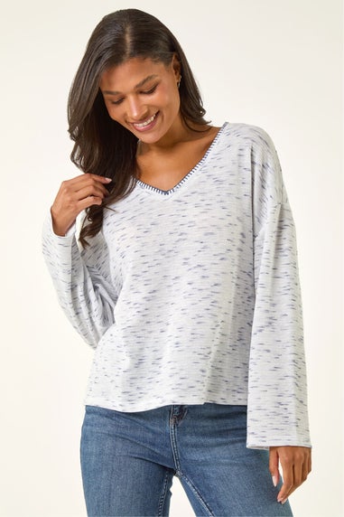 Roman Blue Contrast Stitch V-Neck Top