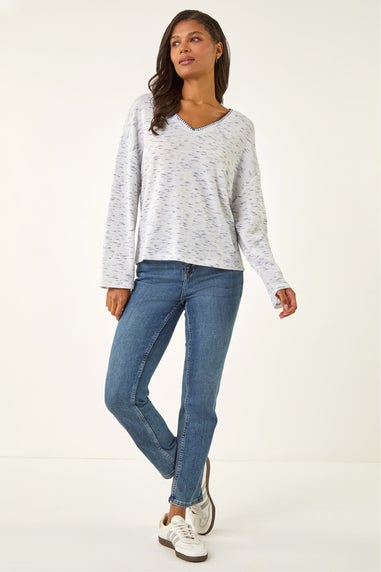 Roman Blue Contrast Stitch V-Neck Top