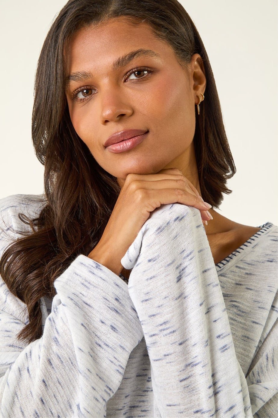 Roman Blue Contrast Stitch V-Neck Top