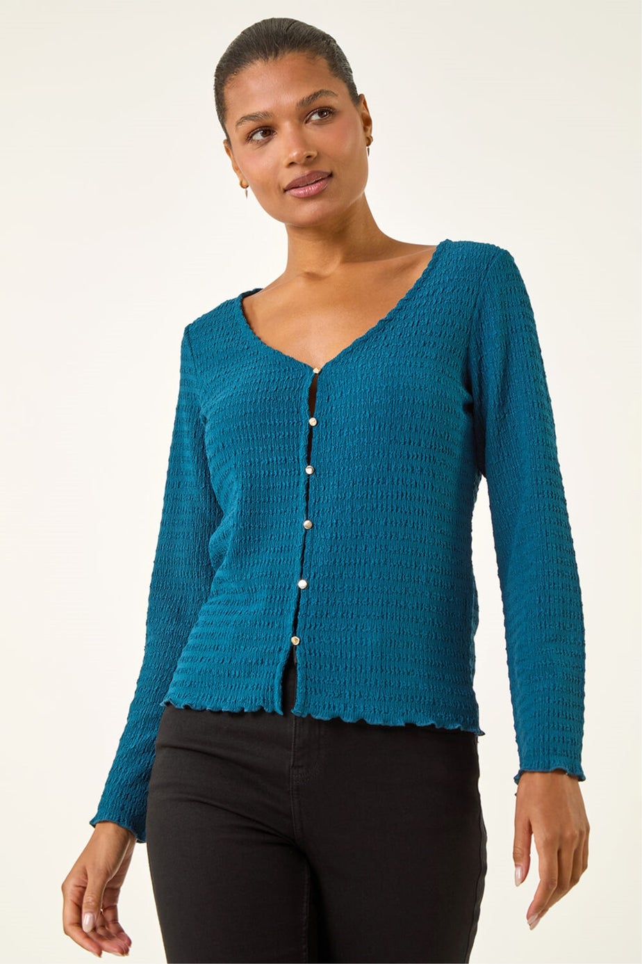 Roman Teal Textured V-Neck Blouse