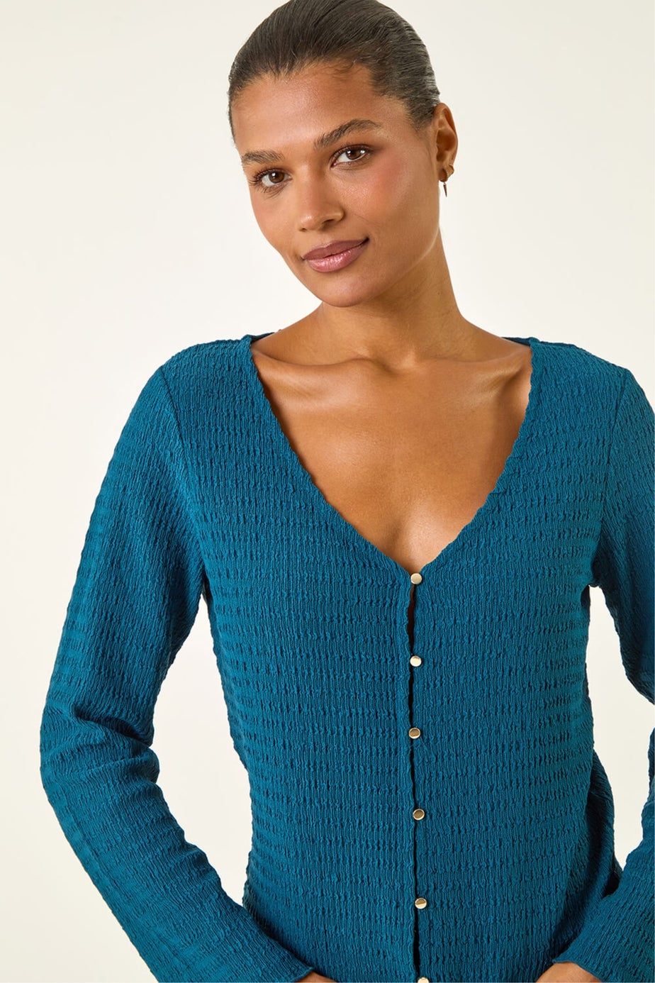 Roman Teal Textured V-Neck Blouse