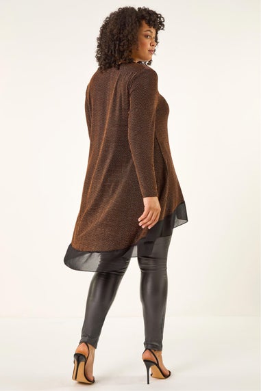 Roman Bronze Curve Glitter Chiffon Hem Tunic Top