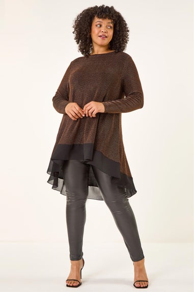 Roman Bronze Curve Glitter Chiffon Hem Tunic Top