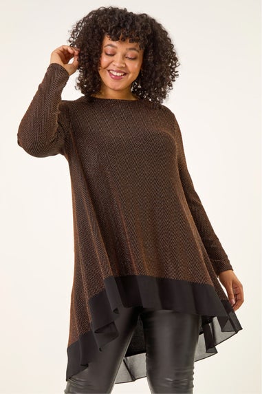Roman Bronze Curve Glitter Chiffon Hem Tunic Top