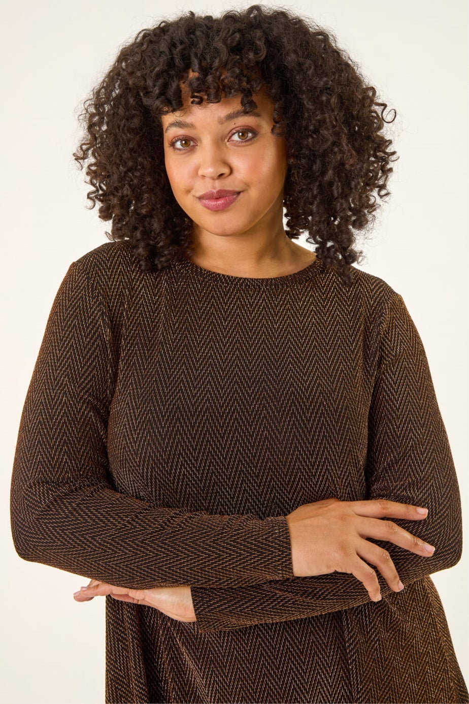 Roman Bronze Curve Glitter Chiffon Hem Tunic Top