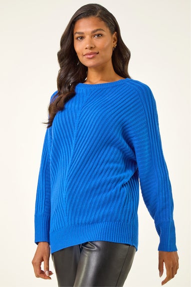 Roman Royal Blue Ribbed Chevron Print Batwing Jumper