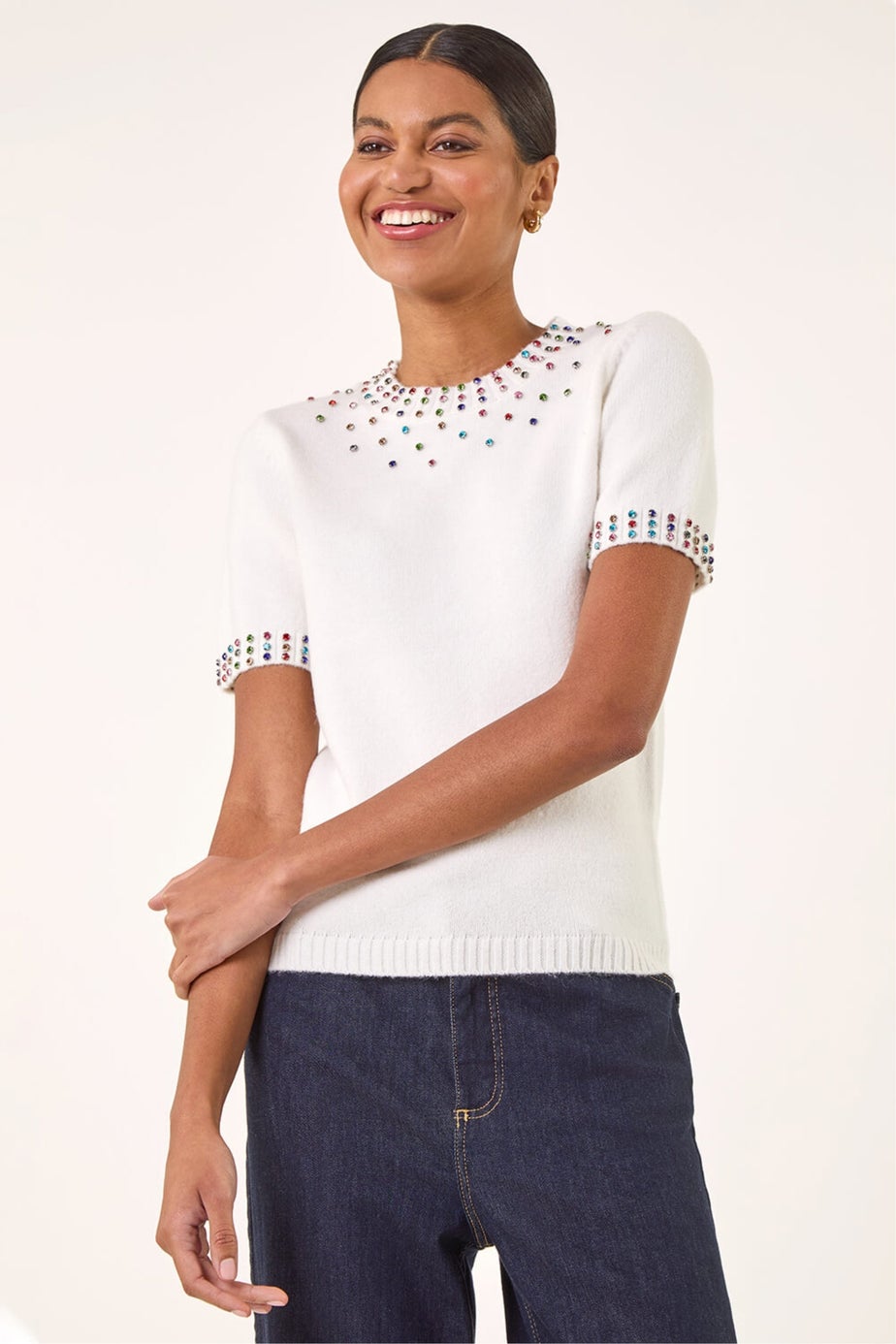Roman Ivory Embellished Knitted Top