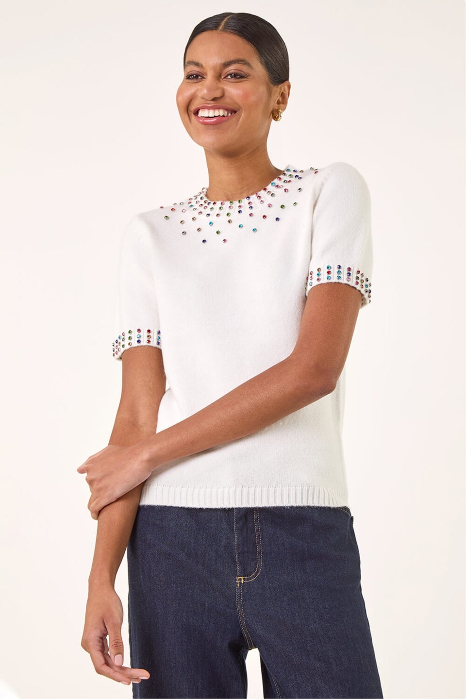 Roman Ivory Embellished Knitted Top