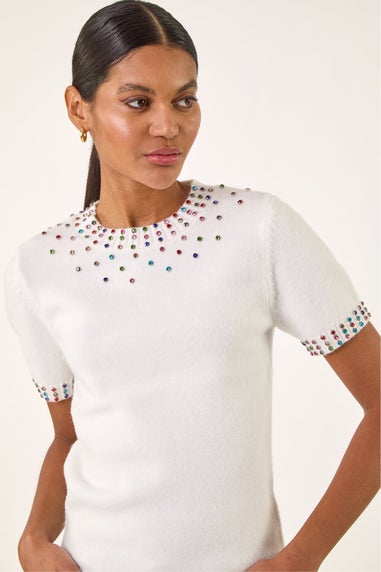 Roman Ivory Embellished Knitted Top