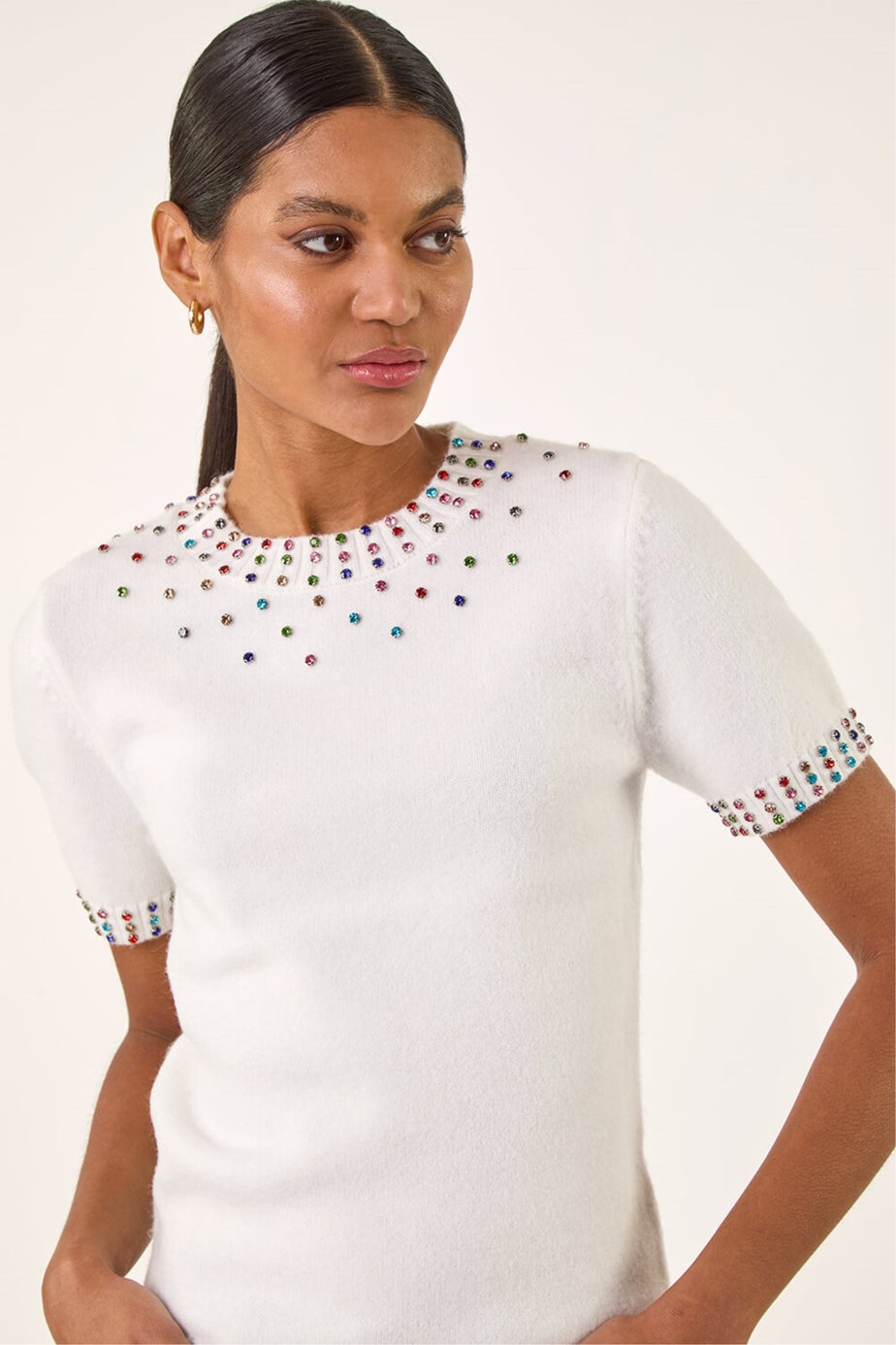 Roman Ivory Embellished Knitted Top
