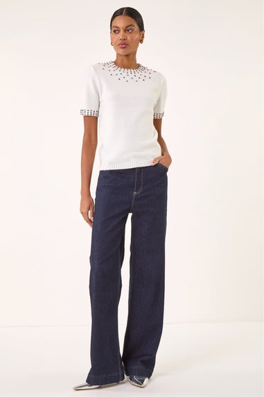 Roman Ivory Embellished Knitted Top