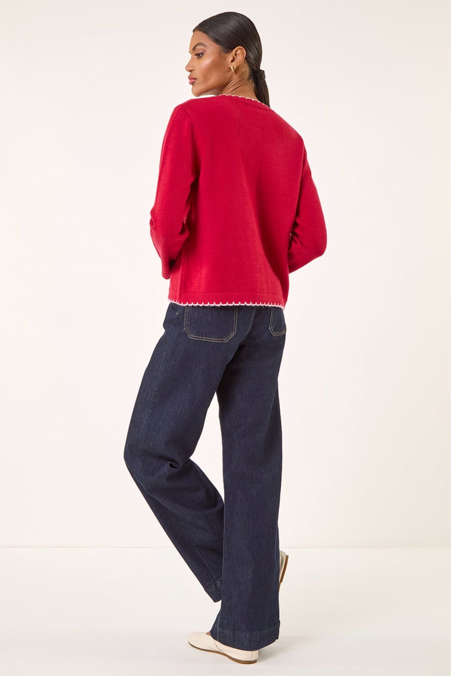 Roman Red Heart Button Scallop Edge Cardigan