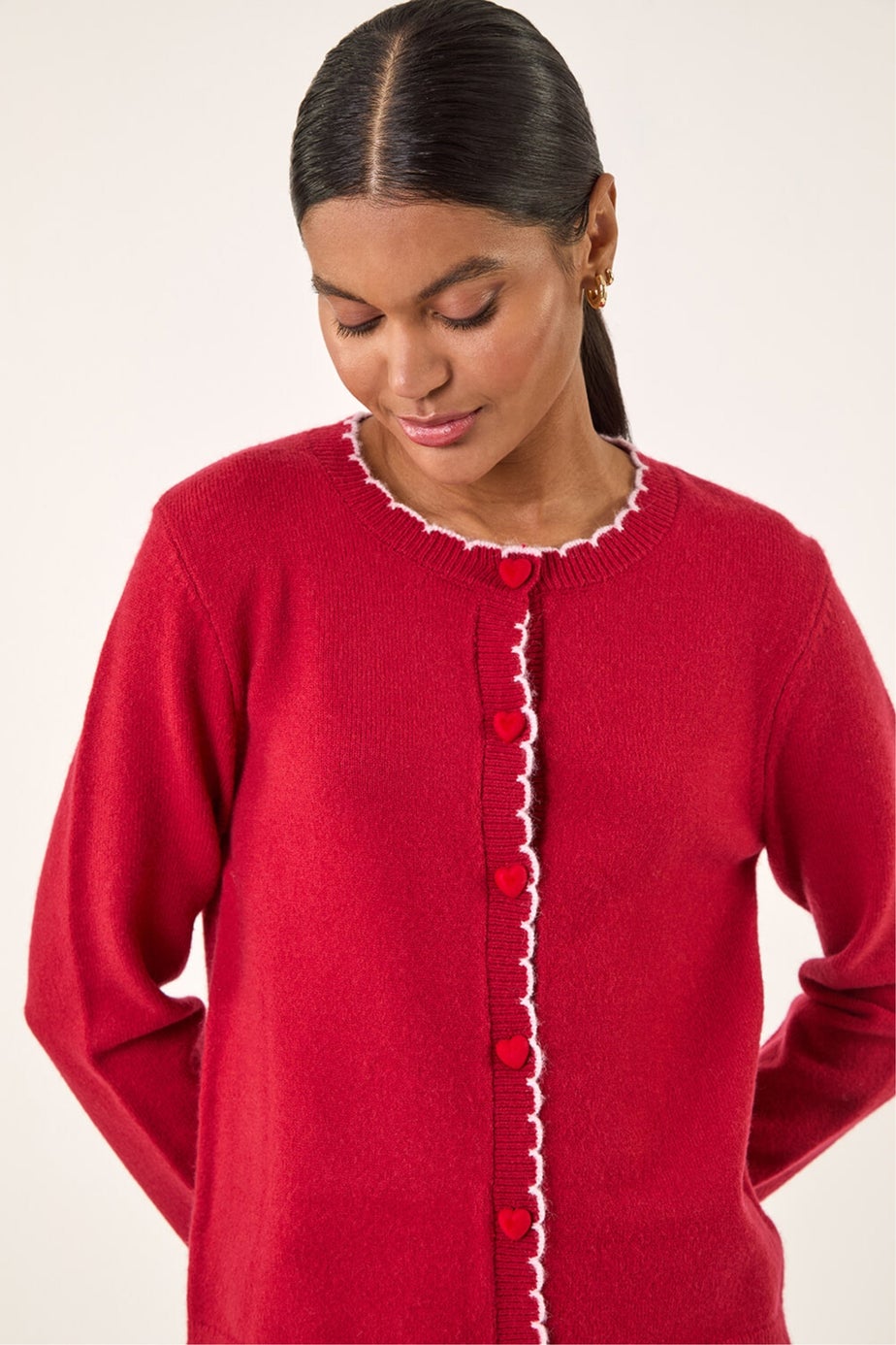 Roman Red Heart Button Scallop Edge Cardigan