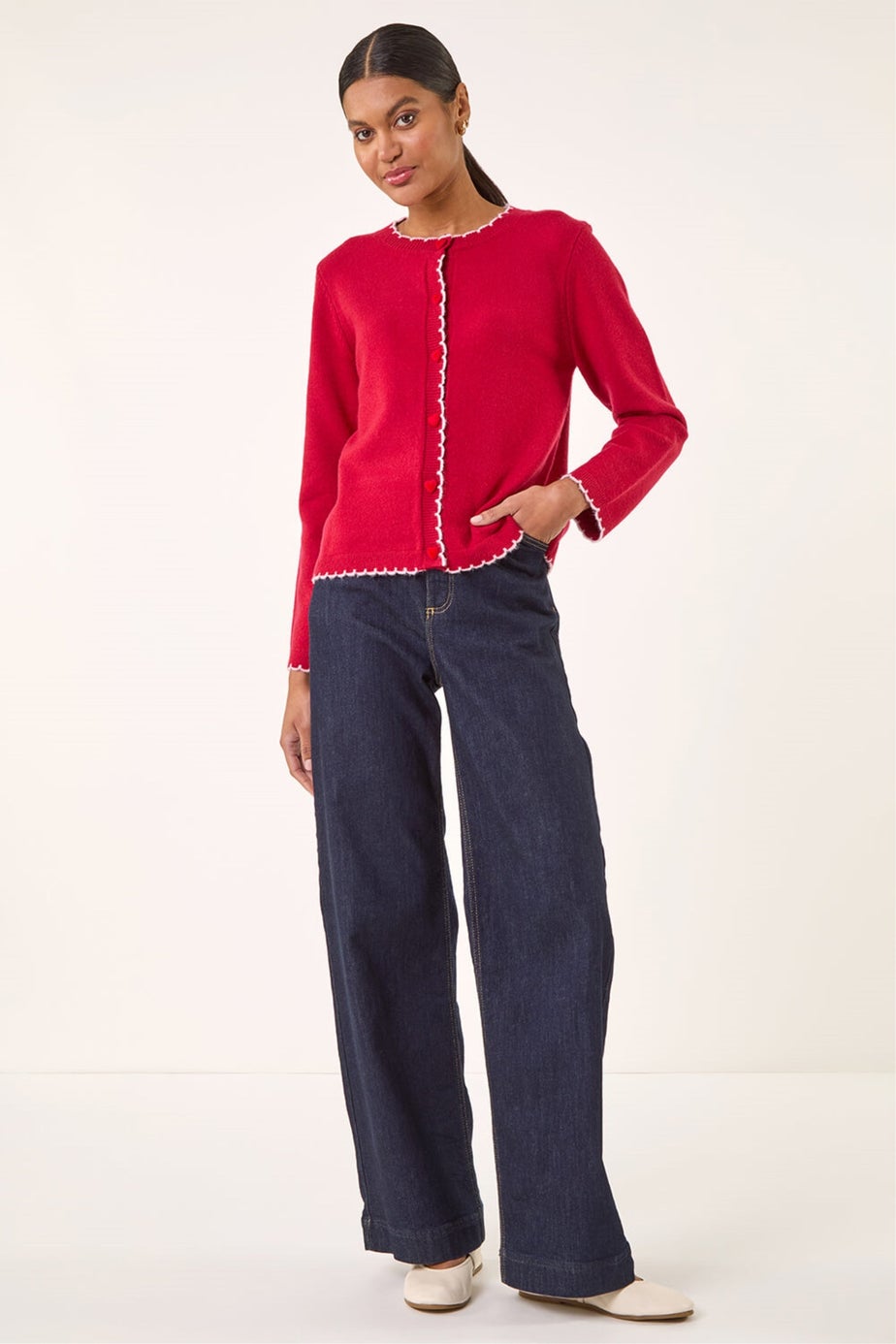 Roman Red Heart Button Scallop Edge Cardigan