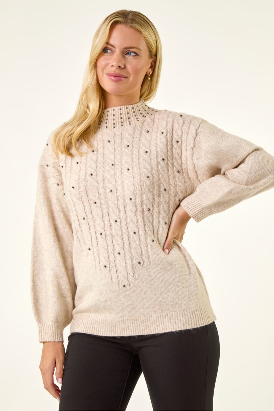 Roman Cream Petite Embellished Cable Knit Jumper