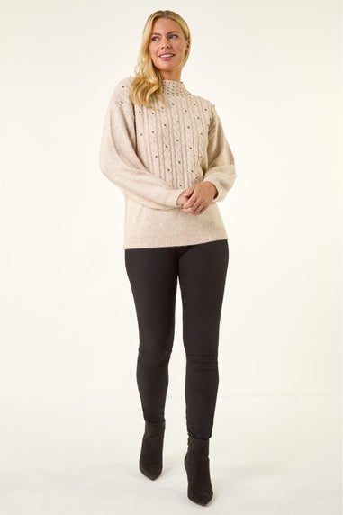 Roman Cream Petite Embellished Cable Knit Jumper