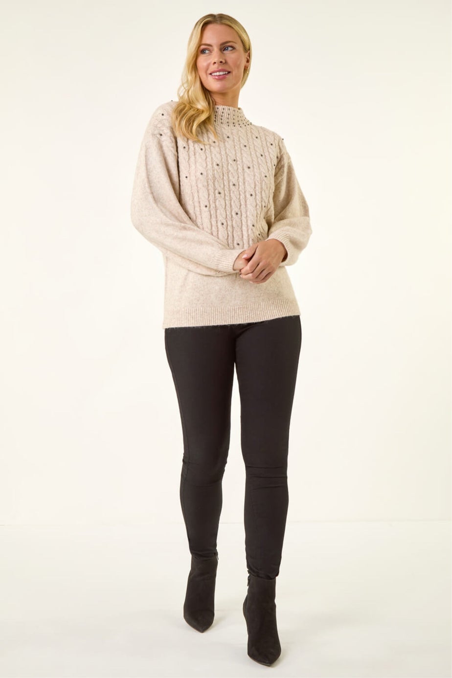 Roman Cream Petite Embellished Cable Knit Jumper