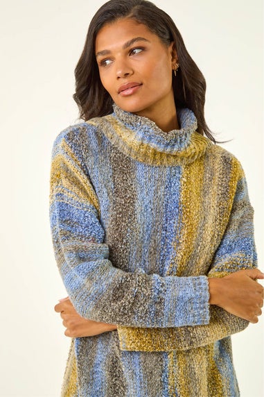 Roman Blue Boucle Stripe Cowl Neck Jumper