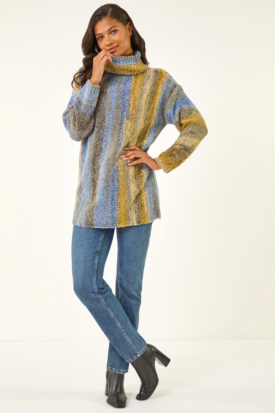 Roman Blue Boucle Stripe Cowl Neck Jumper