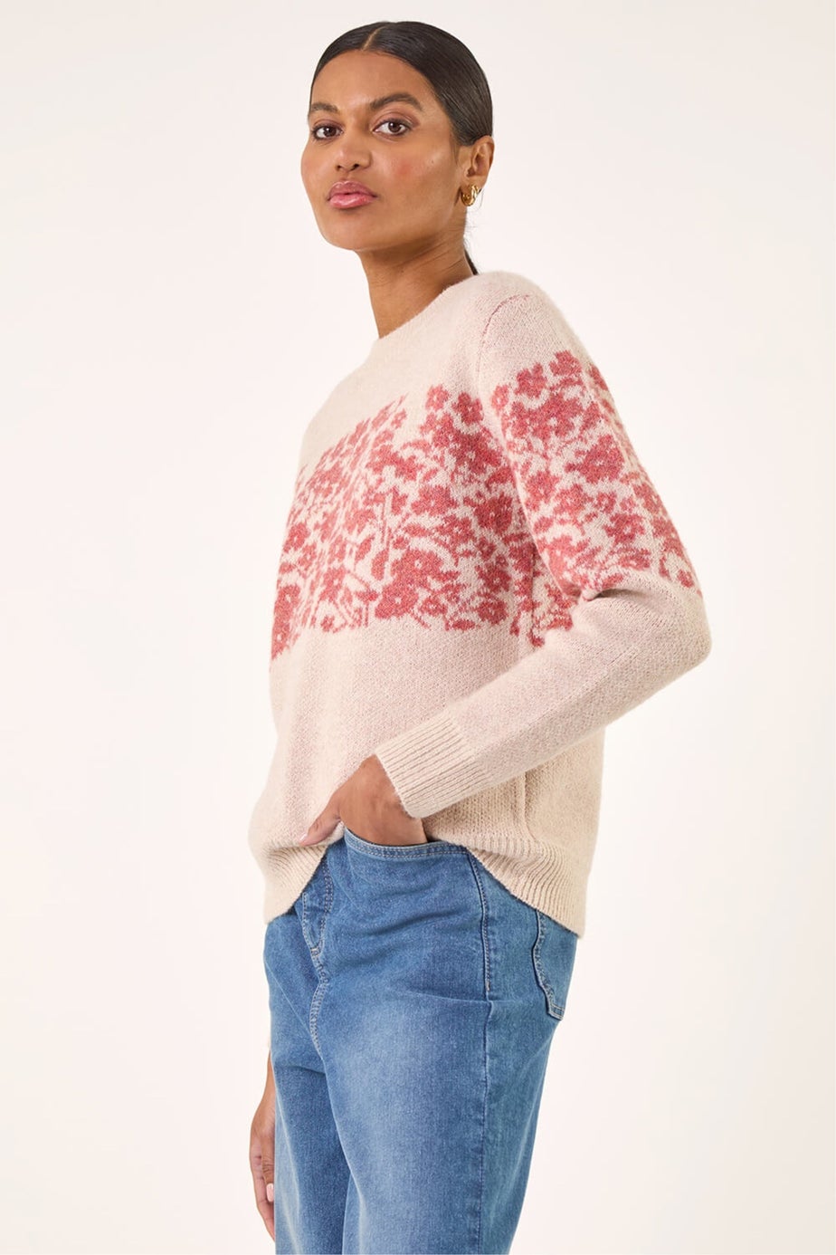 Roman Beige Soft Touch Floral Knit Jumper
