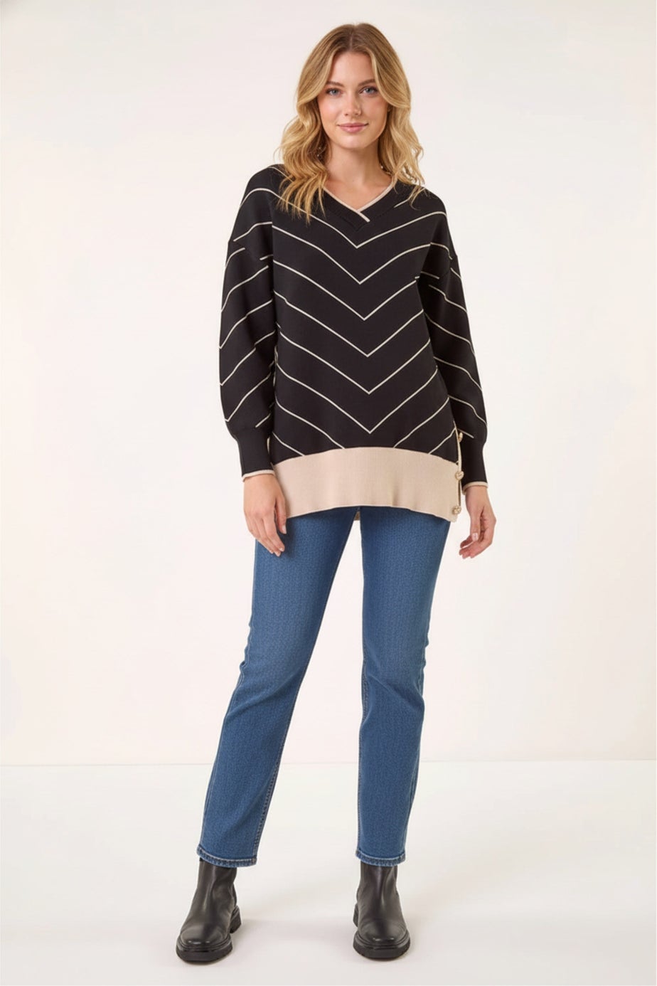 Roman Black Stripe V-Neck Knit Jumper