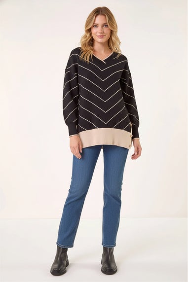 Roman Black Stripe V-Neck Knit Jumper