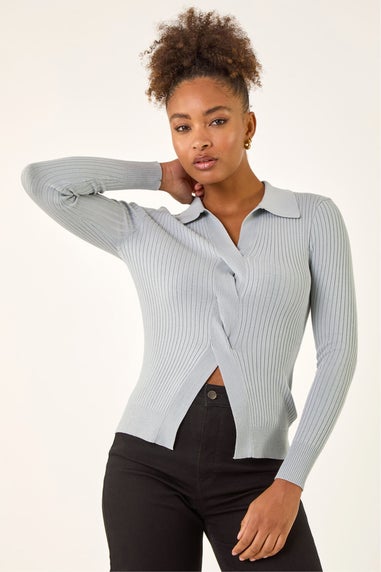 Roman Light Grey Collar Ribbed Cable Knit Jumper