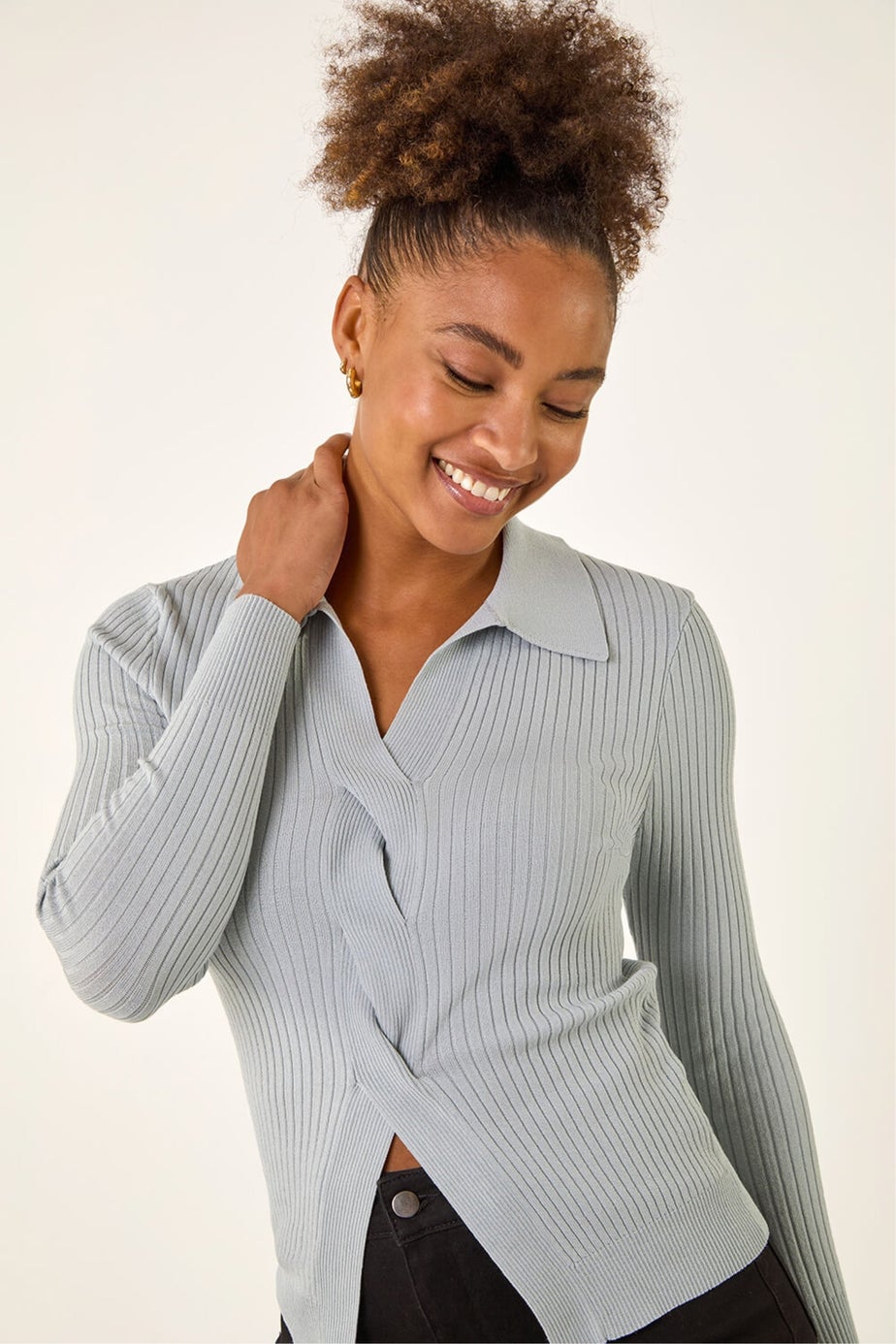 Roman Light Grey Collar Ribbed Cable Knit Jumper