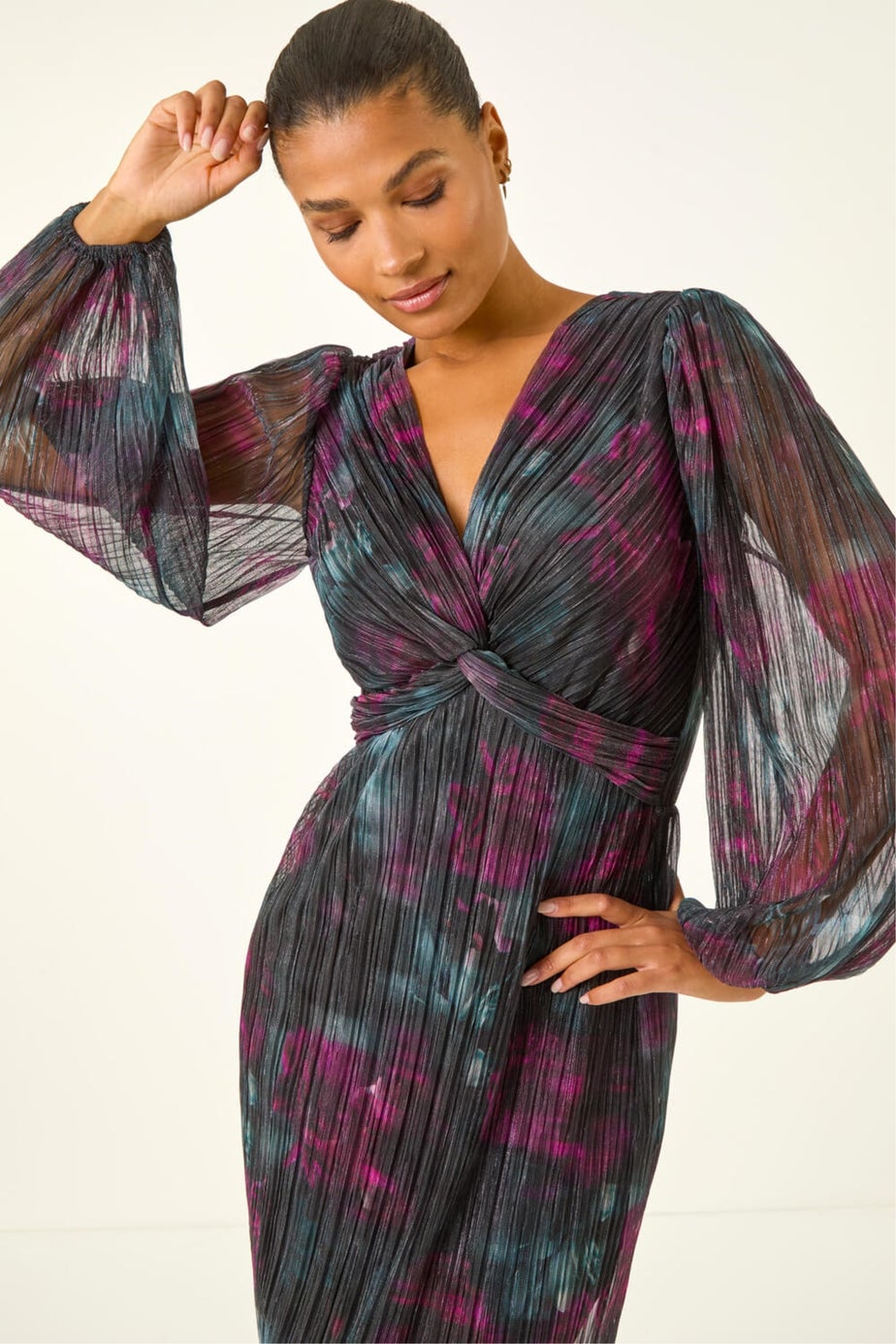 Roman Black Printed Plisse Twist Front Midi Dress