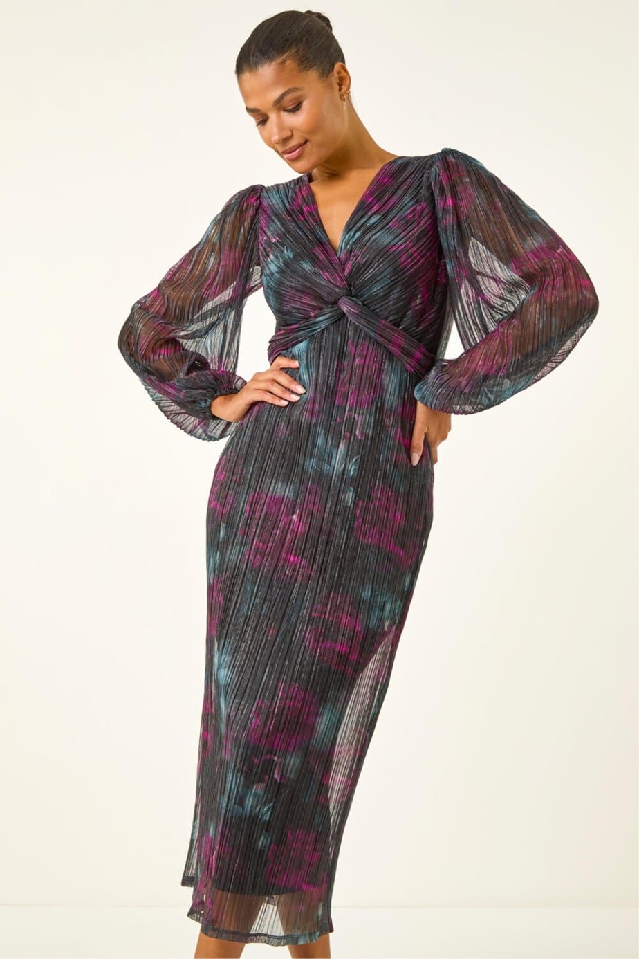 Roman Black Printed Plisse Twist Front Midi Dress