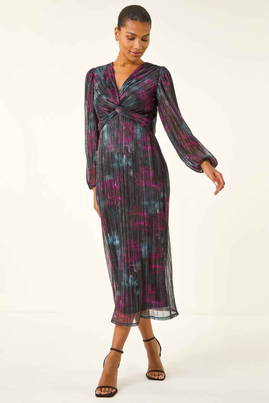 Roman Black Printed Plisse Twist Front Midi Dress