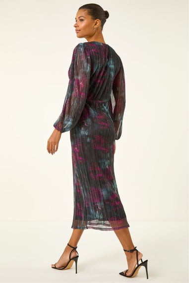 Roman Black Printed Plisse Twist Front Midi Dress