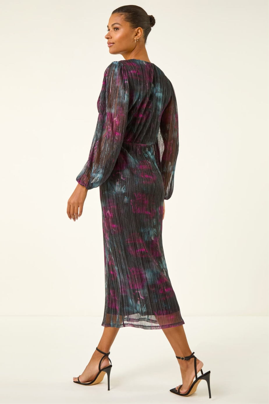 Roman Black Printed Plisse Twist Front Midi Dress