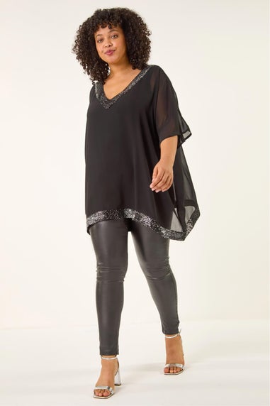 Roman Black Curve Sequin Trim V-Neck Kaftan