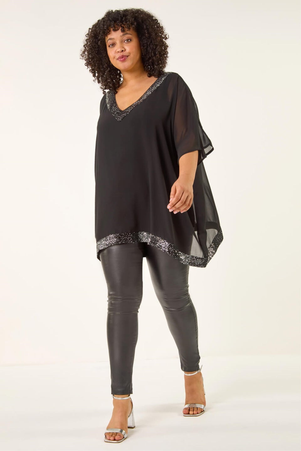 Roman Black Curve Sequin Trim V-Neck Kaftan