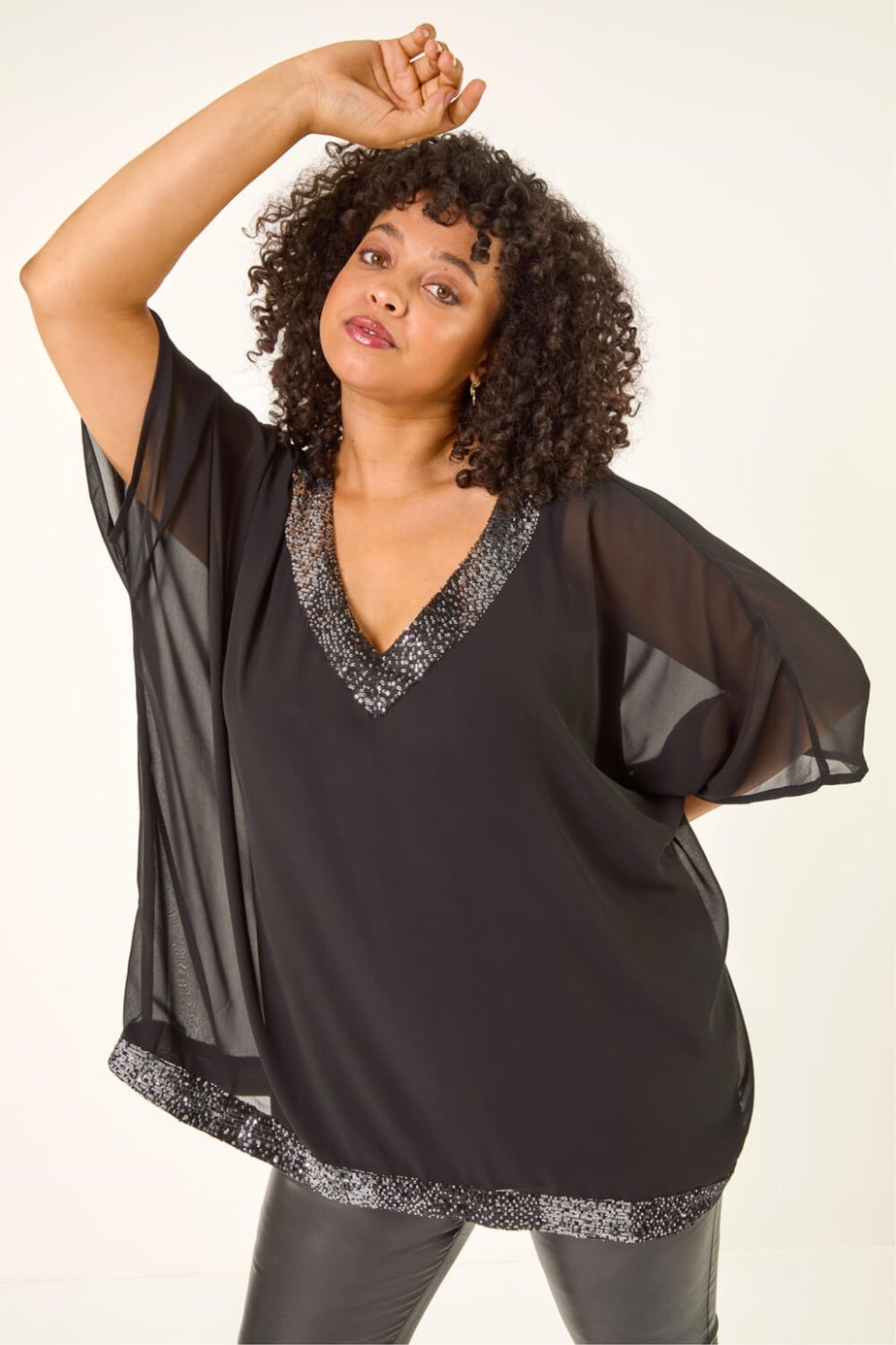 Roman Black Curve Sequin Trim V-Neck Kaftan
