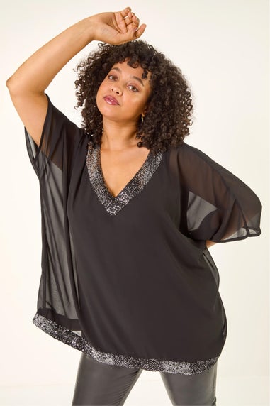 Roman Black Curve Sequin Trim V-Neck Kaftan