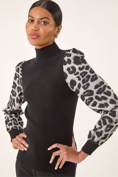Roman Black Animal Print Mesh Sleeve Knit