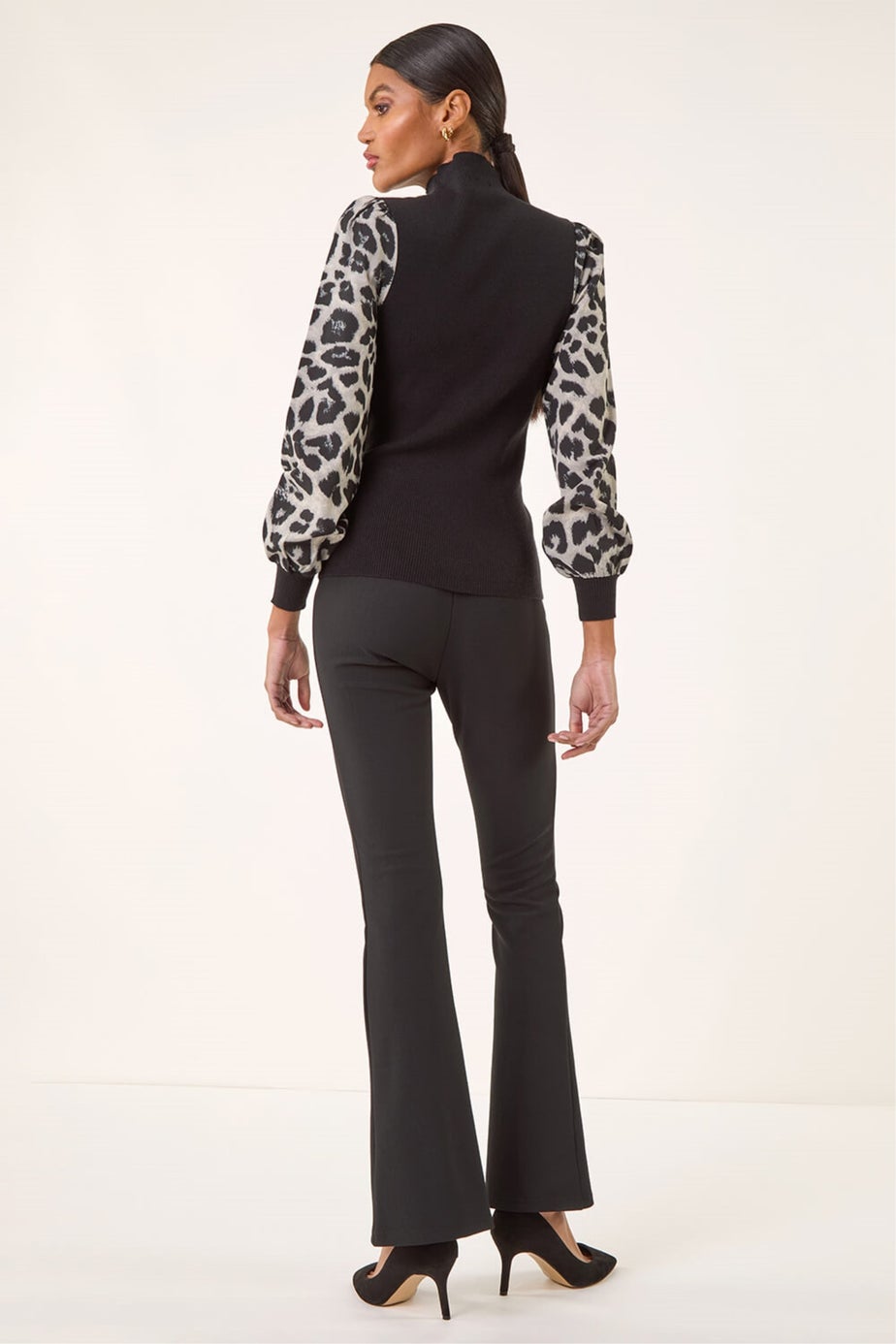Roman Black Animal Print Mesh Sleeve Knit