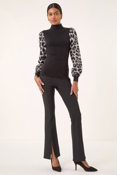 Roman Black Animal Print Mesh Sleeve Knit