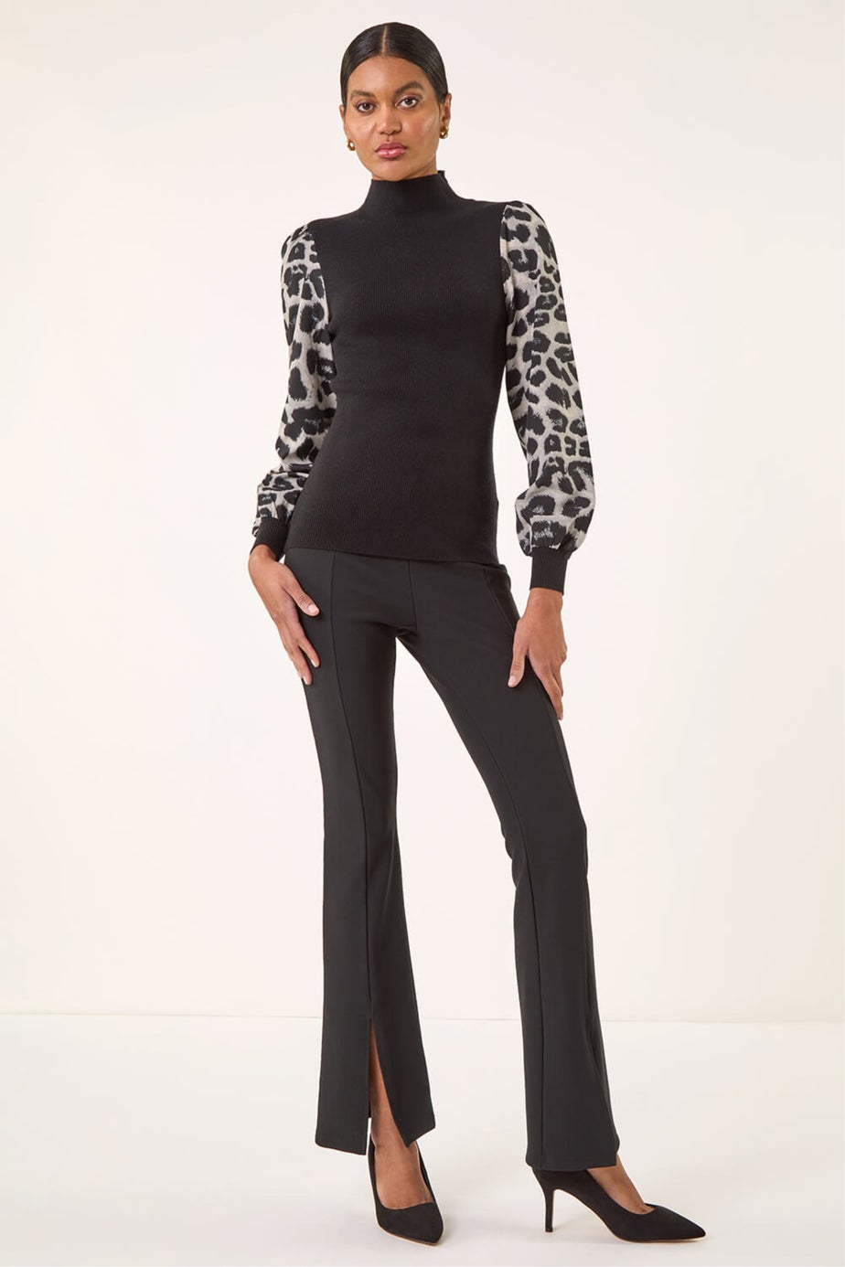 Roman Black Animal Print Mesh Sleeve Knit