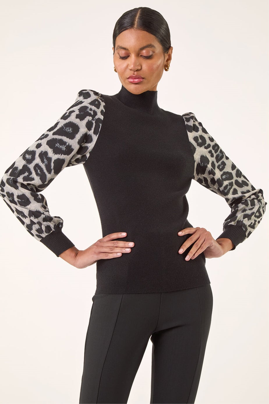 Roman Black Animal Print Mesh Sleeve Knit