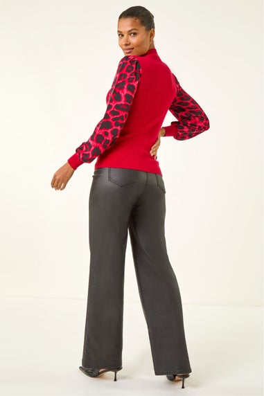 Roman Red Animal Print Mesh Sleeve Knit