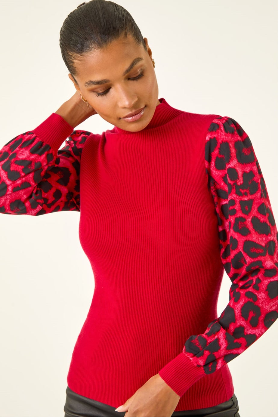 Roman Red Animal Print Mesh Sleeve Knit
