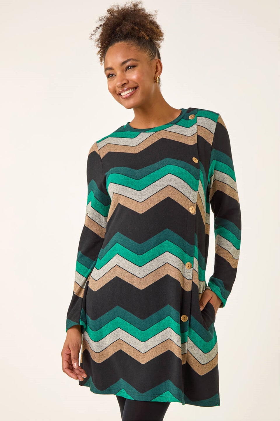 Roman Green Zig Zag Side Button Dress