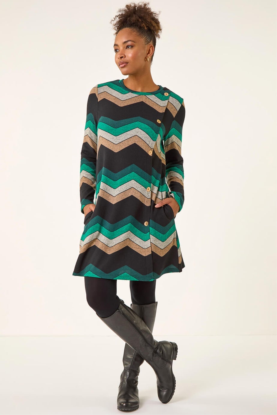 Roman Green Zig Zag Side Button Dress
