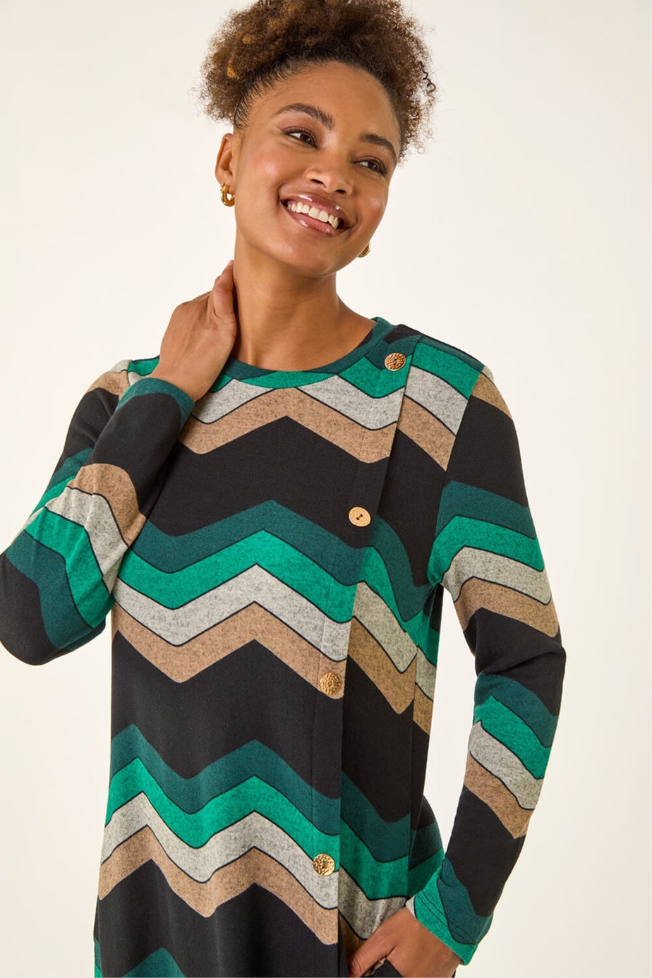 Roman Green Zig Zag Side Button Dress